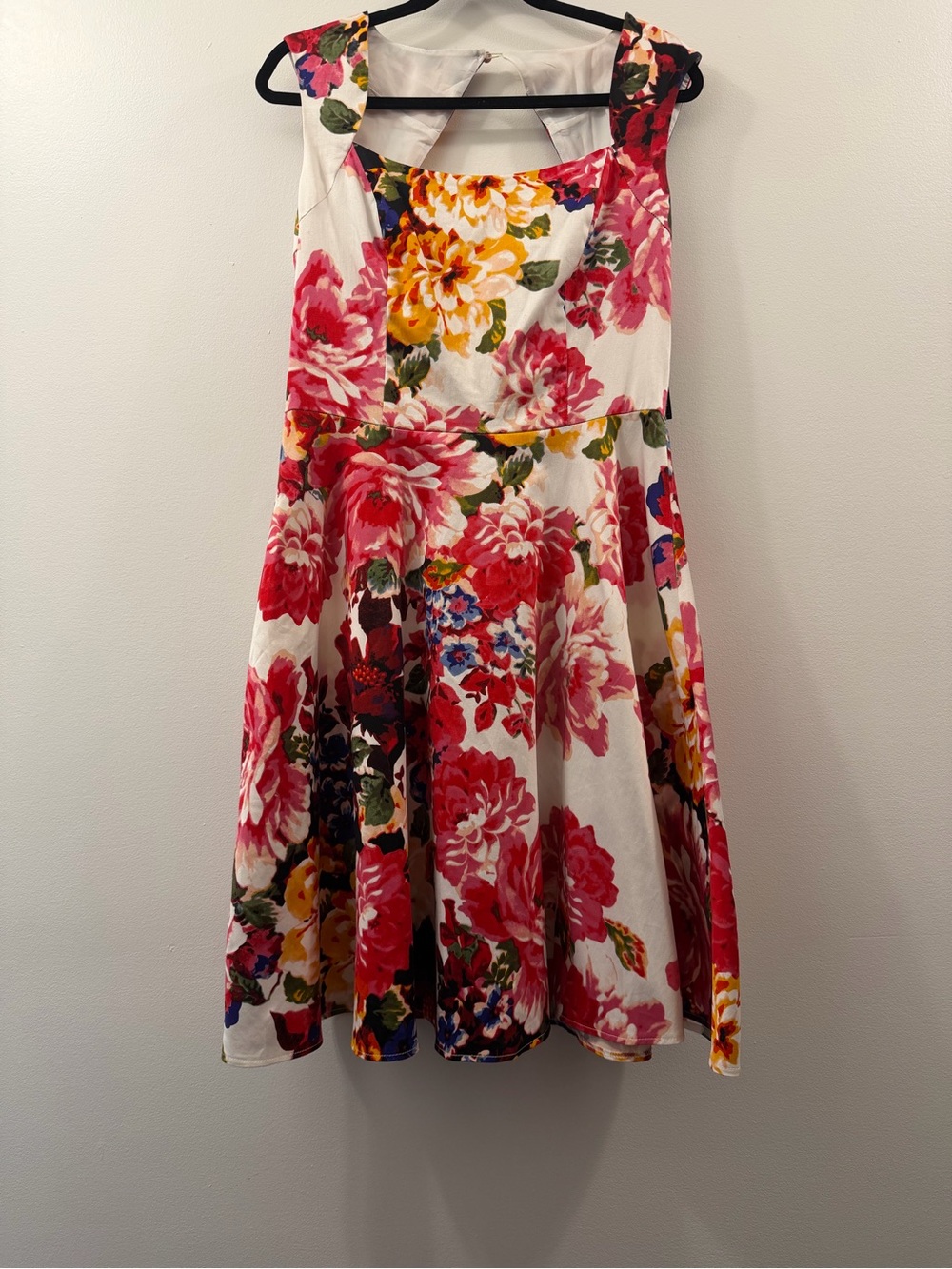 New York & Company White Floral Fit & Flair Midi Dress with Pink & Yellow Blooms